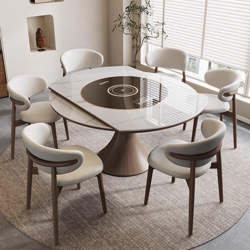 实木伸缩岩板餐桌家用多功能内嵌暖菜板带转盘电磁炉一体折叠圆桌