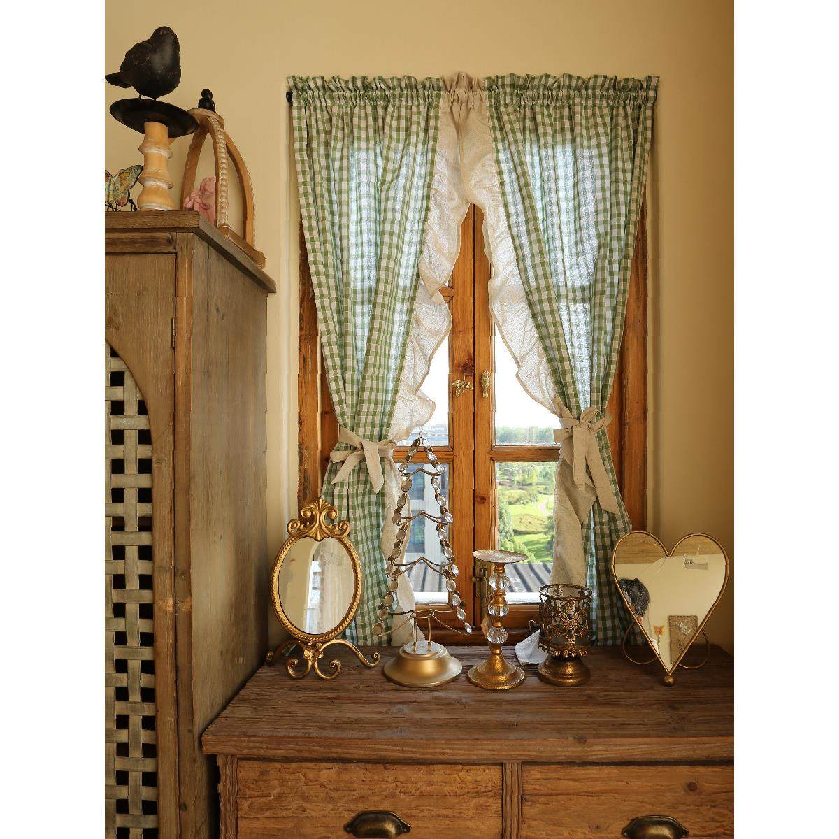 乡村复古绿格子麻布祖母风格子窗帘门帘半帘穿杆挂钩魔术贴定,居家布艺,成品窗帘,淘宝优惠券,粉丝福利购,淘宝优惠卷