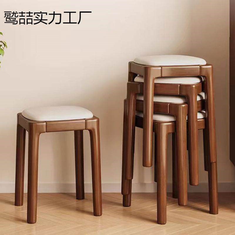 热销实木软包凳子家用可叠放板凳客厅整装矮凳简约小方凳餐桌椅梳