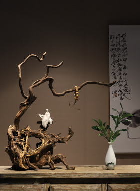 热销枯木风化根雕新中式禅意桌面摆件玄关电视柜边几茶桌创意家居