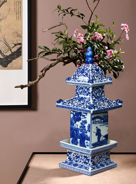 明清古典四方玲珑陶瓷塔摆件创意现代中式玄关博古架新房装饰摆设