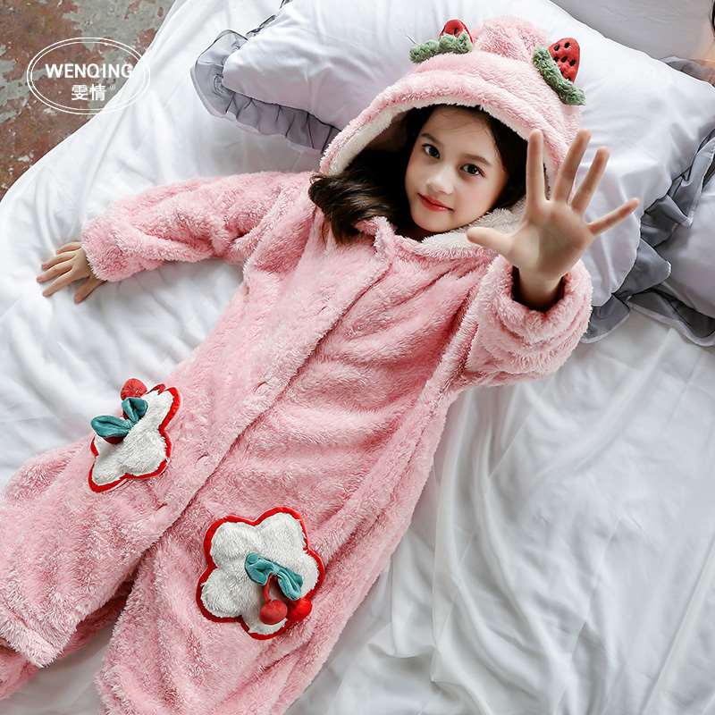 儿童睡衣秋冬季加厚珊瑚绒女童法兰绒亲子母女家居服连帽睡袍套装