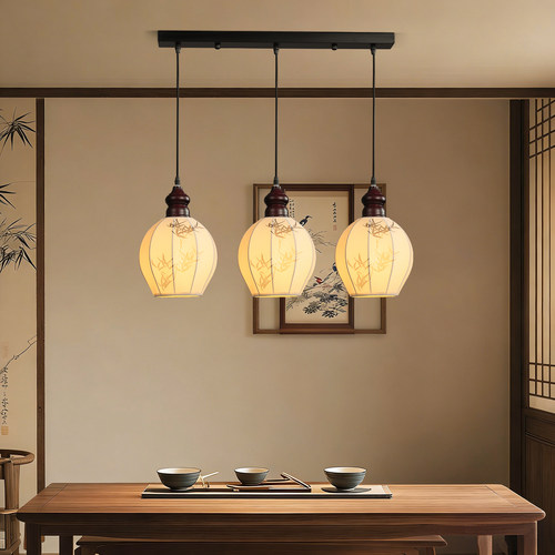 新款宋式美学餐厅吊灯中古风三头长盘卧室书房高级感布艺吊线灯