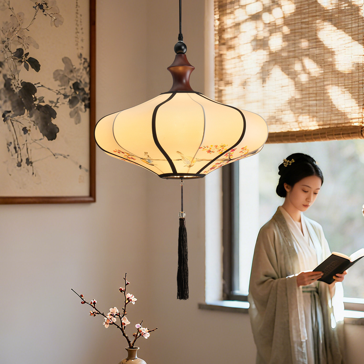 宋式美学餐厅吊灯中国风复古卧室过道仿古吊灯具手绘布艺灯笼装饰,家装灯饰光源,餐厅吊灯,淘宝优惠券,粉丝福利购,淘宝优惠卷