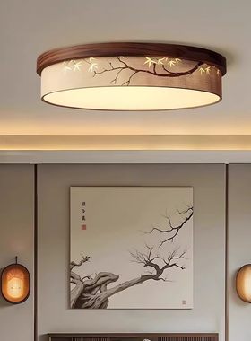 宋式美学吸顶灯圆形卧室禅意中式竹叶绘画布艺顶灯客厅卧室房间灯