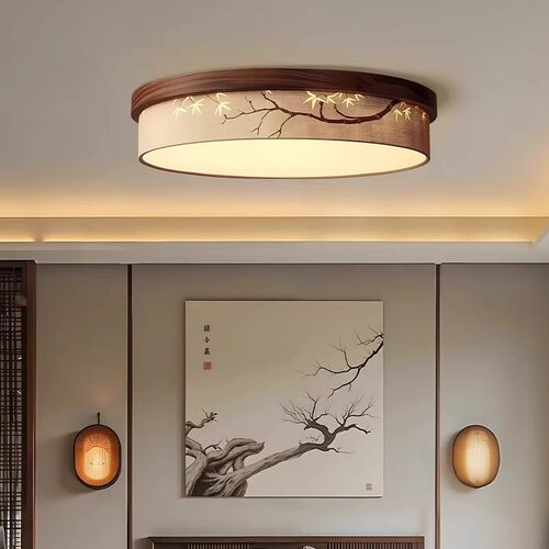 宋式美学吸顶灯圆形卧室禅意中式竹叶绘画布艺顶灯客厅卧室房间灯