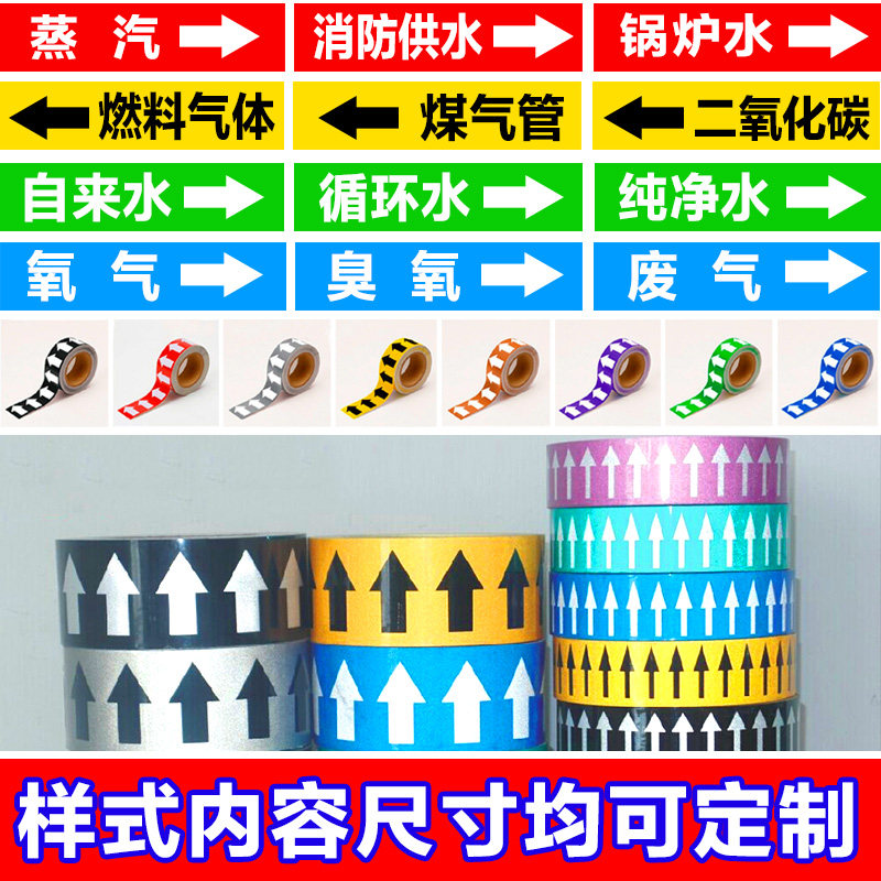 热销反光膜管道标识贴纸标识牌 工业管路介质流向箭头色环标签 自