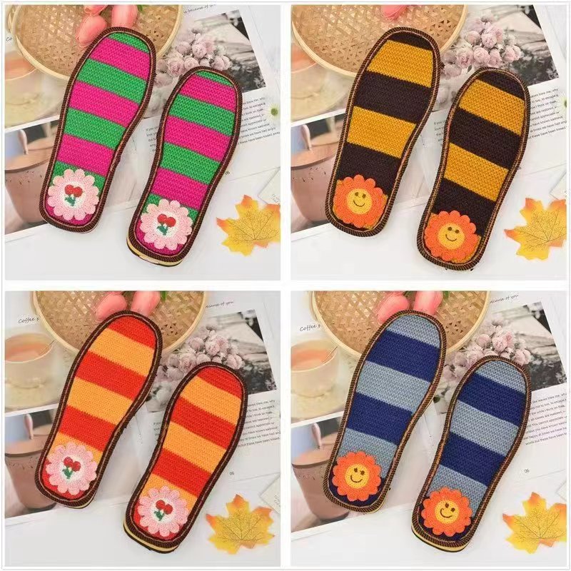 热销手工编织彩条勾针鞋绣花鞋底冰条线牛奶棉线拖鞋防滑耐磨橡胶