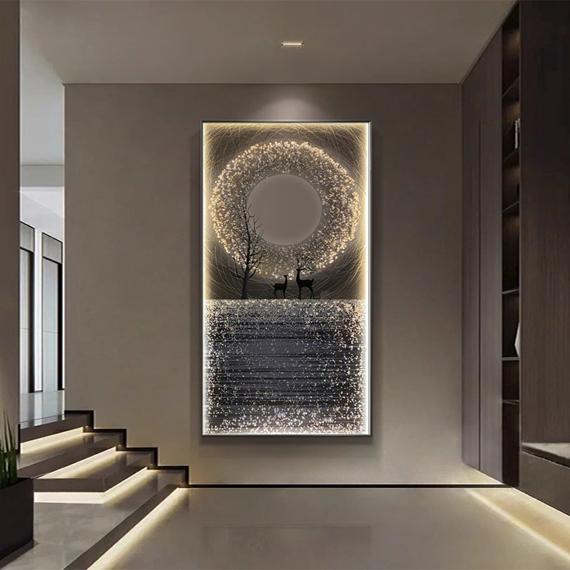 热销发光北欧麋鹿轻奢入户玄关装饰画现代简约晶瓷走廊过道单幅画图片