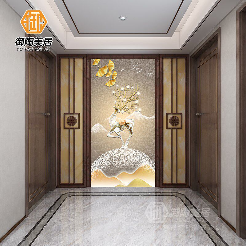 热销轻奢入户麋鹿玄关背景墙微晶石客厅过道装饰画电视墙发财树艺