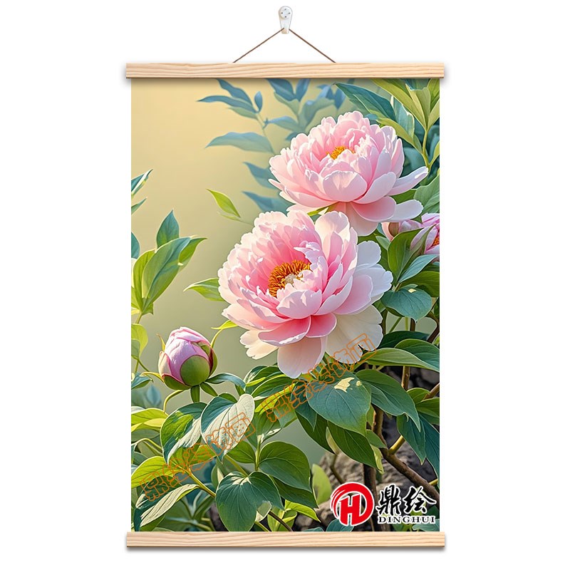 热销新富贵牡丹花挂画新中式玄关餐厅挂轴画客厅装饰画高级感布艺图片