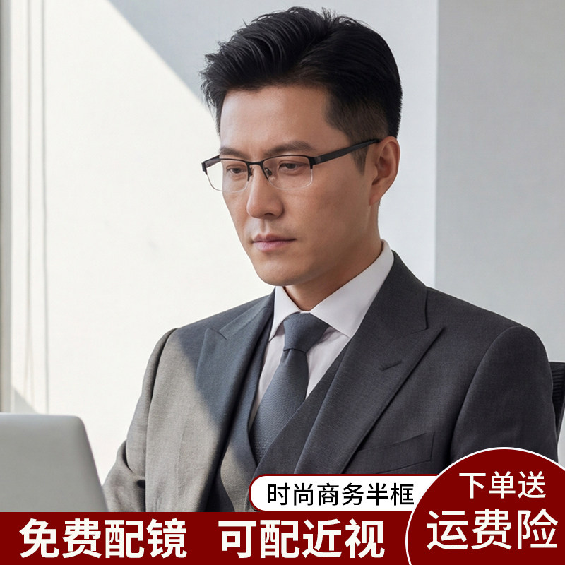 男士半框近视眼镜可配散光度数防蓝光超轻镜架商务护目镜成品度数
