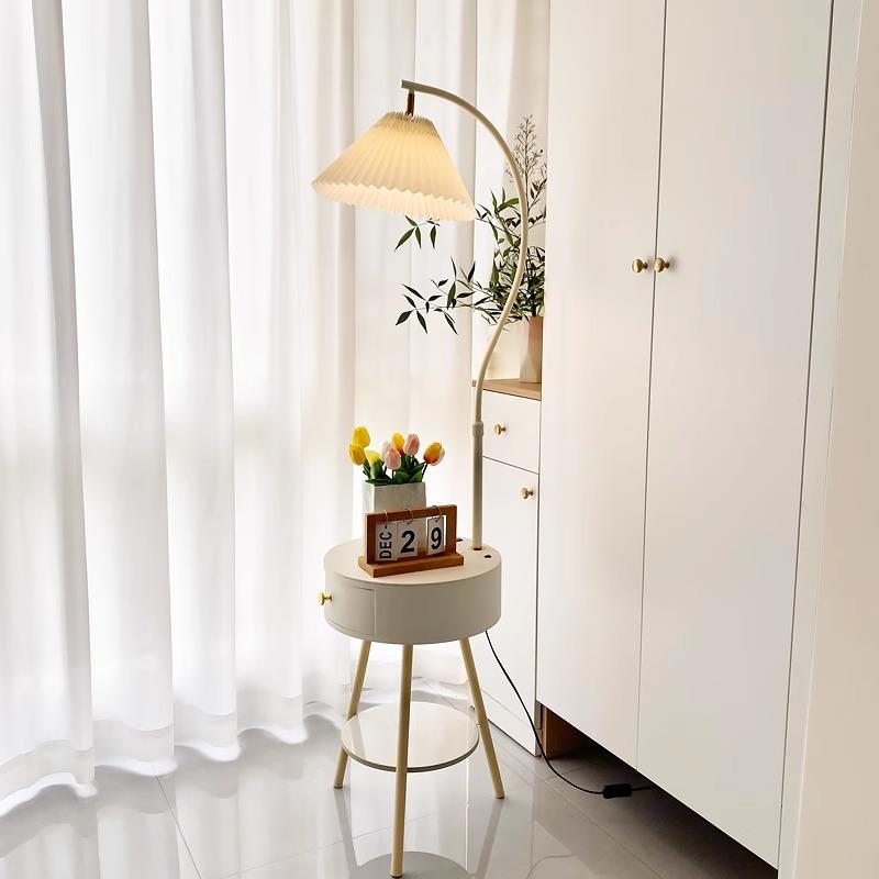 客厅百褶落地灯茶几置物架立式台灯奶油风卧室带床头柜抽屉一体灯