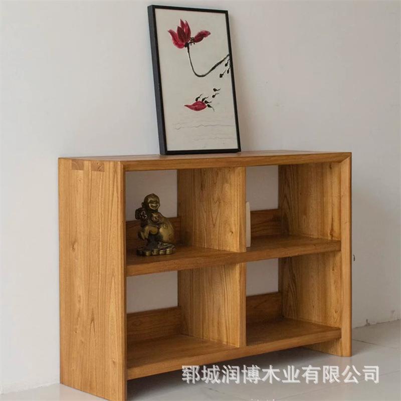老榆木两层置物架落地式文玩茶具收纳架实木格子小书柜卧室收纳架