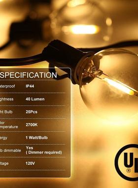 实力工厂UL美规120V户外防水G40LED阳台庭院装饰灯串20+2灯泡