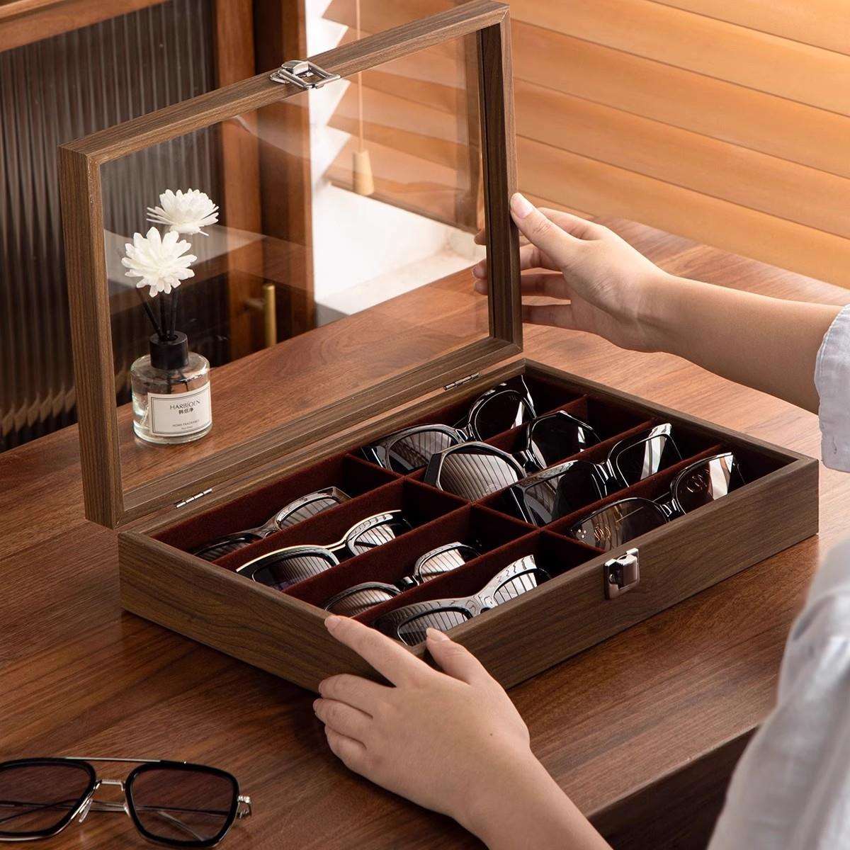 胡桃木眼镜收纳盒墨镜太阳眼镜防尘盒高档复古木质饰品文玩展示盒