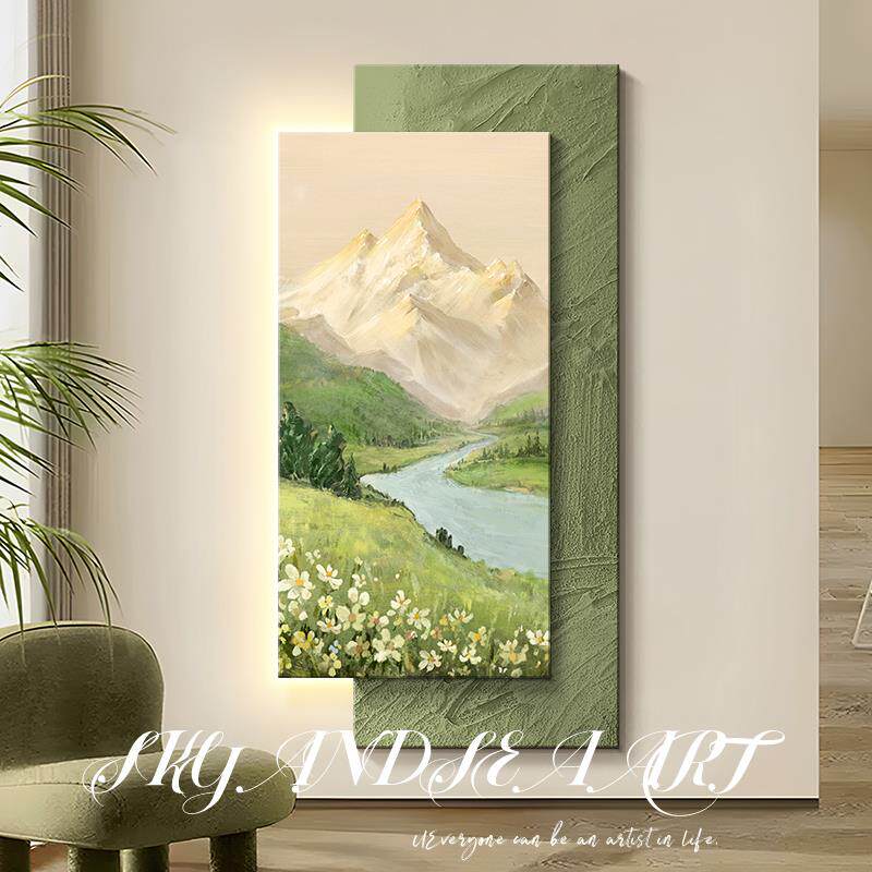 日照金山玄关装饰画北欧奶油风入户门走廊过道挂画绿色山水风景画