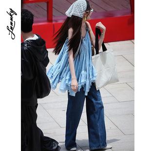 蓝色吊带连衣裙女仙气海边度假风蓬蓬短裙 旅行任意门古力娜扎同款