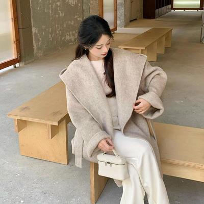 斗篷双面羊毛大衣女短款小个子2024秋冬新款浴袍连帽毛呢外套