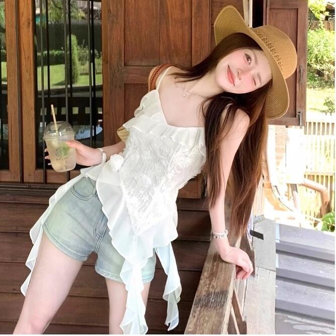 不规则吊带裙背心女小个子外穿夏季2025新款叠穿白色蕾丝花边上衣