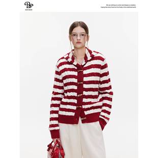 BZXO牛角扣条纹麻花毛衣女秋冬新款宽松显瘦休闲百搭针织开衫外套