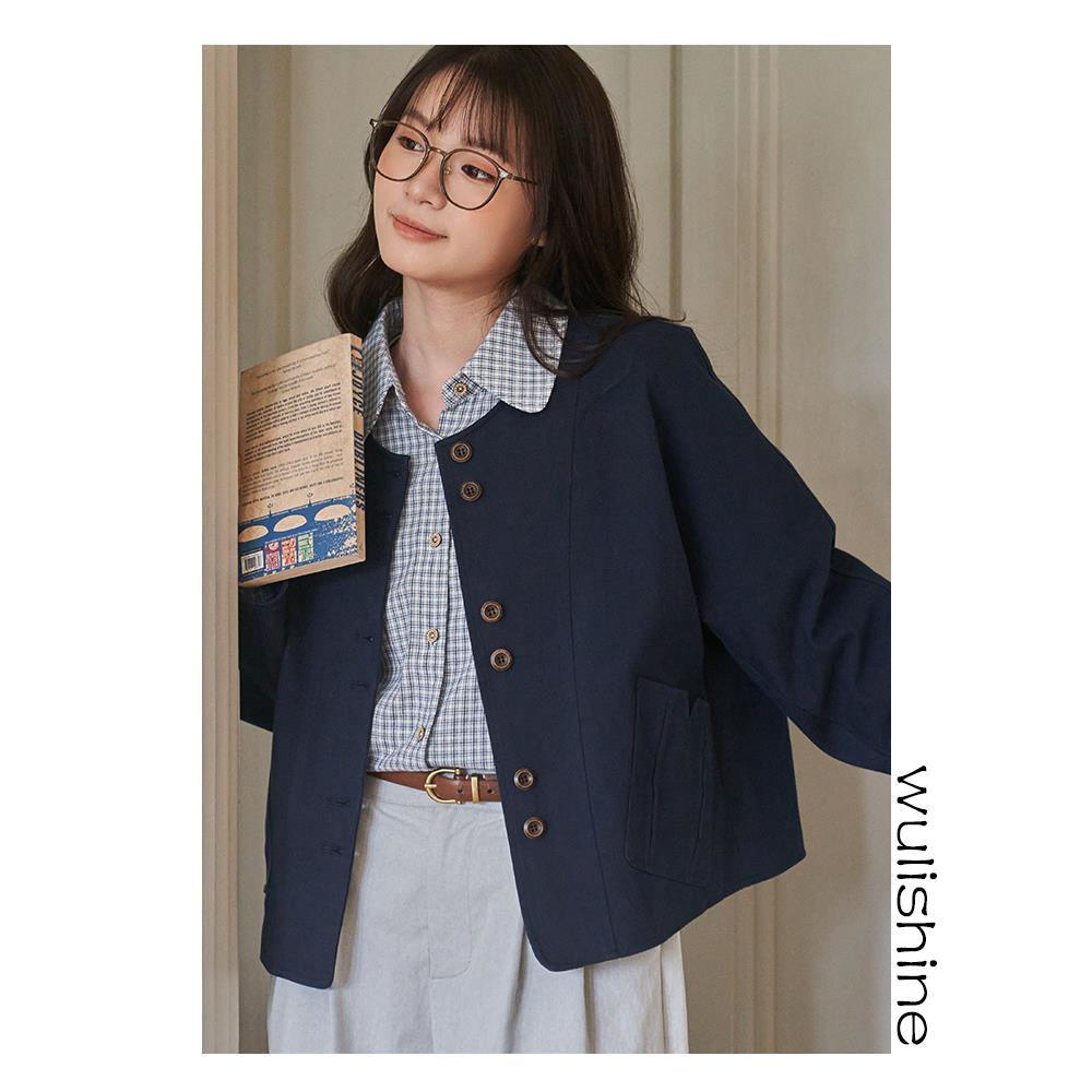 晒晒自制 设计感小个子短外套女可拆卸领秋冬藏青色杏色新款