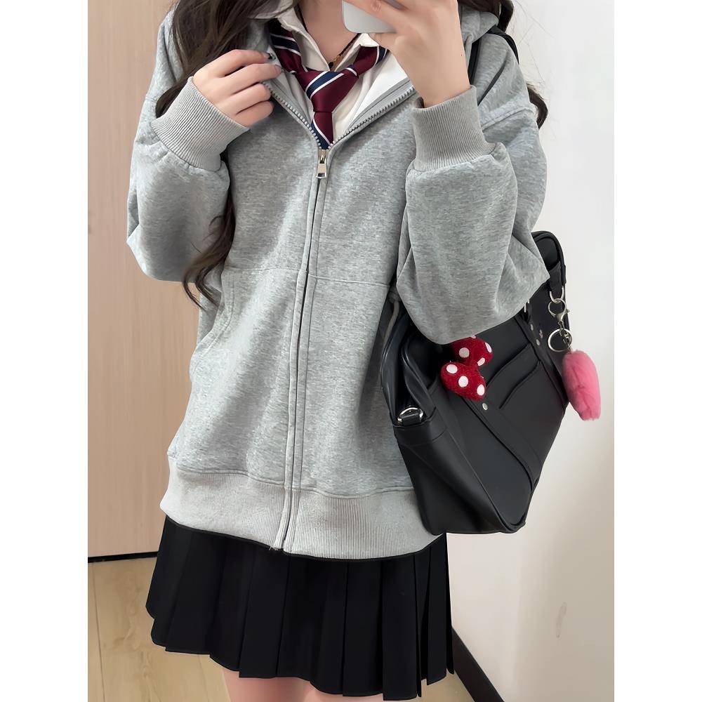 藏青宽松连帽卫衣女学生春秋百搭酒红加厚拉链开衫浅灰jk外套上衣