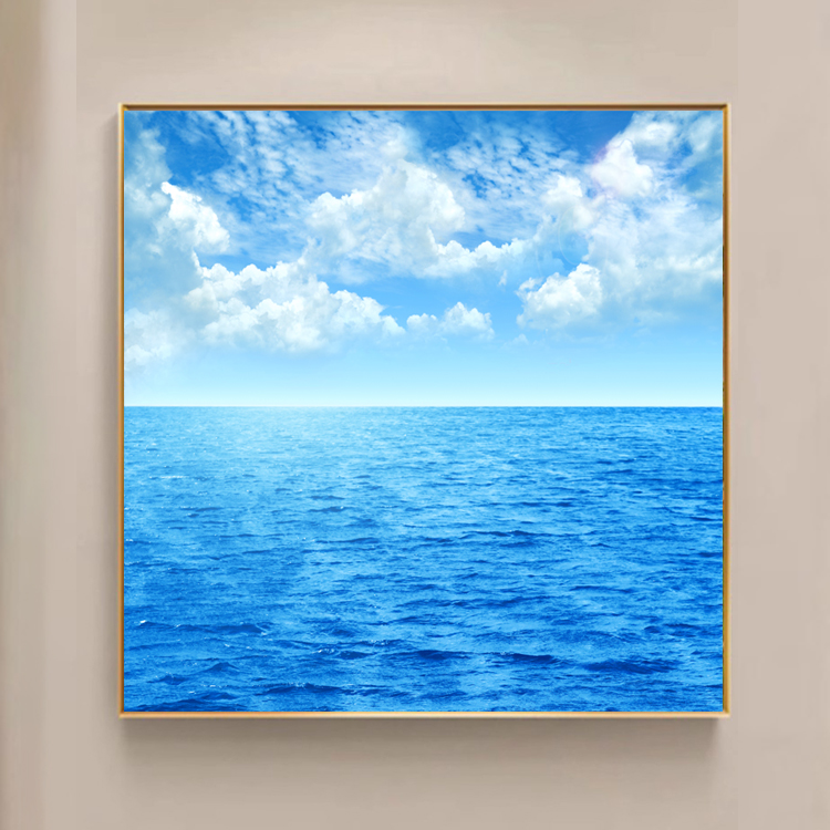 蓝天大海蓝色广阔海水风景装饰画白云海景客厅海洋图画铝合金圆形