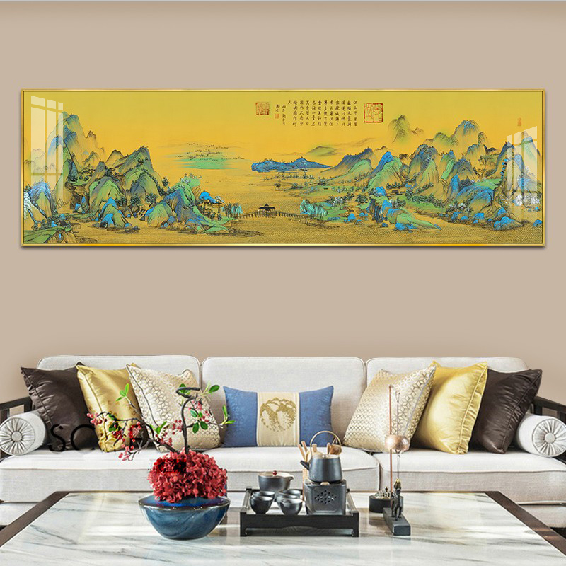千里江山图挂画新中式装饰画横款高清客厅沙发背景墙面壁画山水画图片