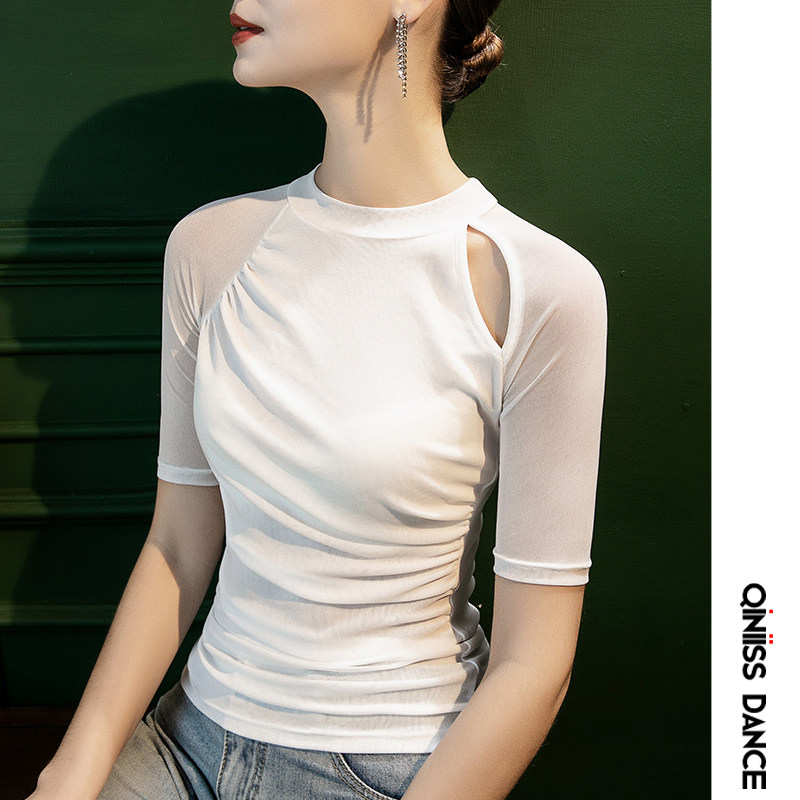 舞上衣女新款舞衣网纱国标舞蹈服洋气中袖拉丁舞练功服跳舞衣