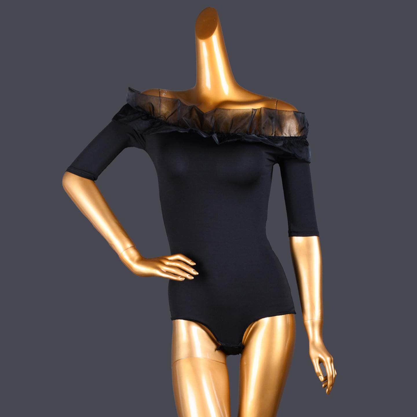 拉丁舞服装一字领中袖成人上衣摩登舞女舞蹈练功花服恰恰跳舞黑色