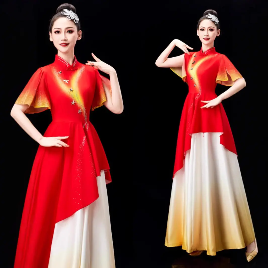 大合唱团演出服女长裙红歌舞蹈