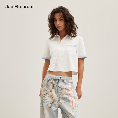 JAC FLEURANT2026春夏新品针织拼接条纹斜门襟短袖衬衫百搭休闲