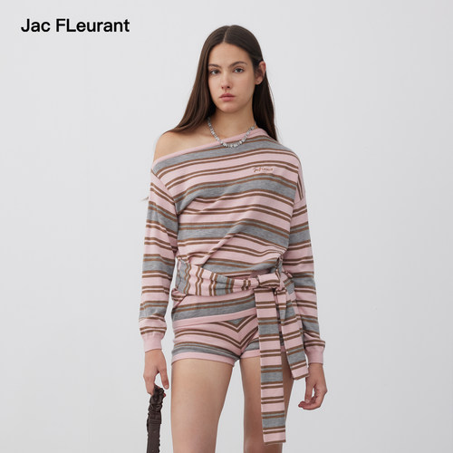 JAC FLEURANT2026秋季新款女斜肩条纹绑带打结薄款毛衣短裤套装