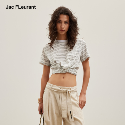 JAC FLEURANT2026夏季新款下摆打结条纹短袖T恤女圆领上衣休闲风