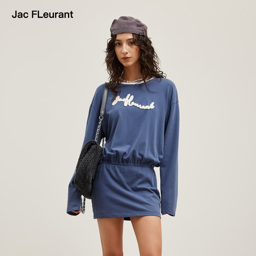 JAC FLEURANT2026春夏新品刺绣LOGO藏青色收腰卫衣女士连衣裙