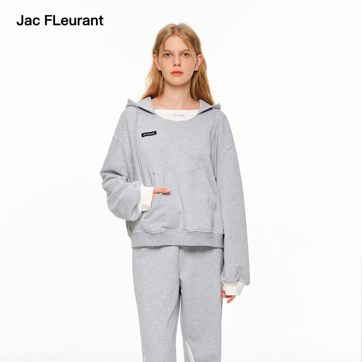 JAC FLEURANT新品灰白双领拼接宽松帽衫运动裤百搭休闲套装