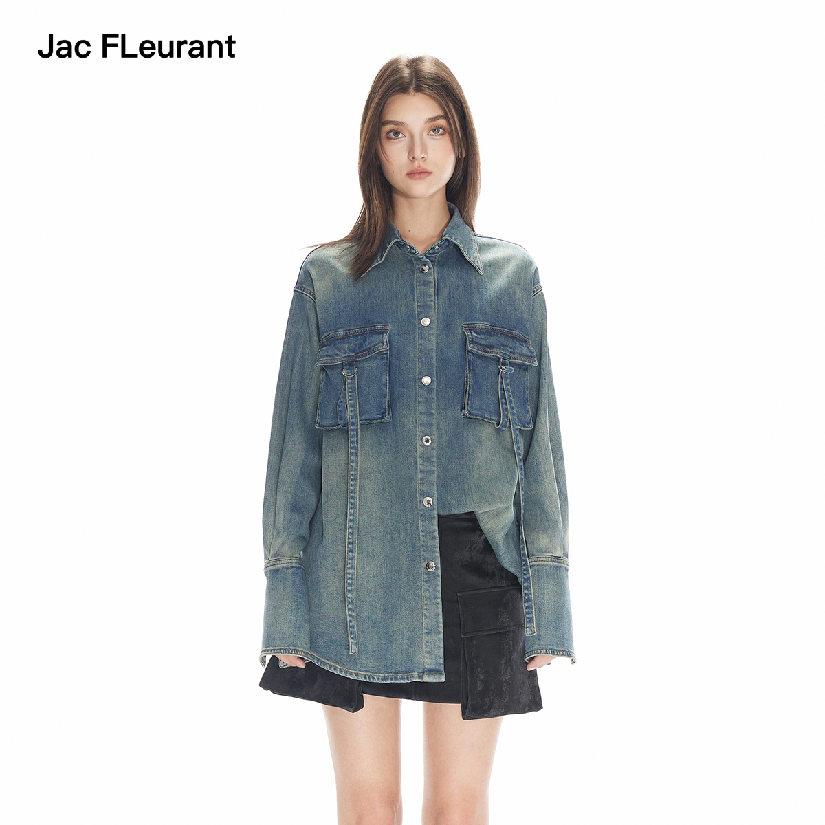 JAC FLEURANT秋季怀旧水洗牛仔衬衫做旧百搭宽松