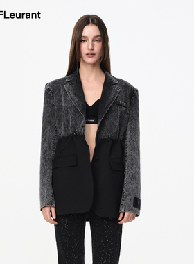 JAC FLEURANT秋季新品黑色水洗牛仔拼接西服时尚宽松休闲