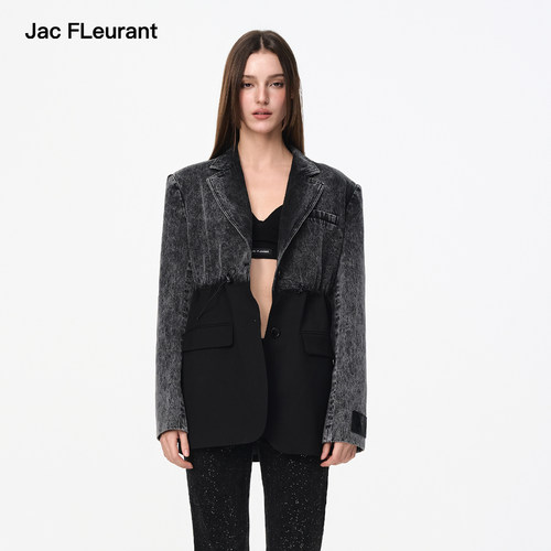 JAC FLEURANT秋季新品黑色水洗牛仔拼接西服时尚宽松休闲