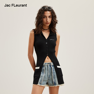JAC FLEURANT【蔡依林同款】无袖中长款翻领薄款针织开衩开衫女