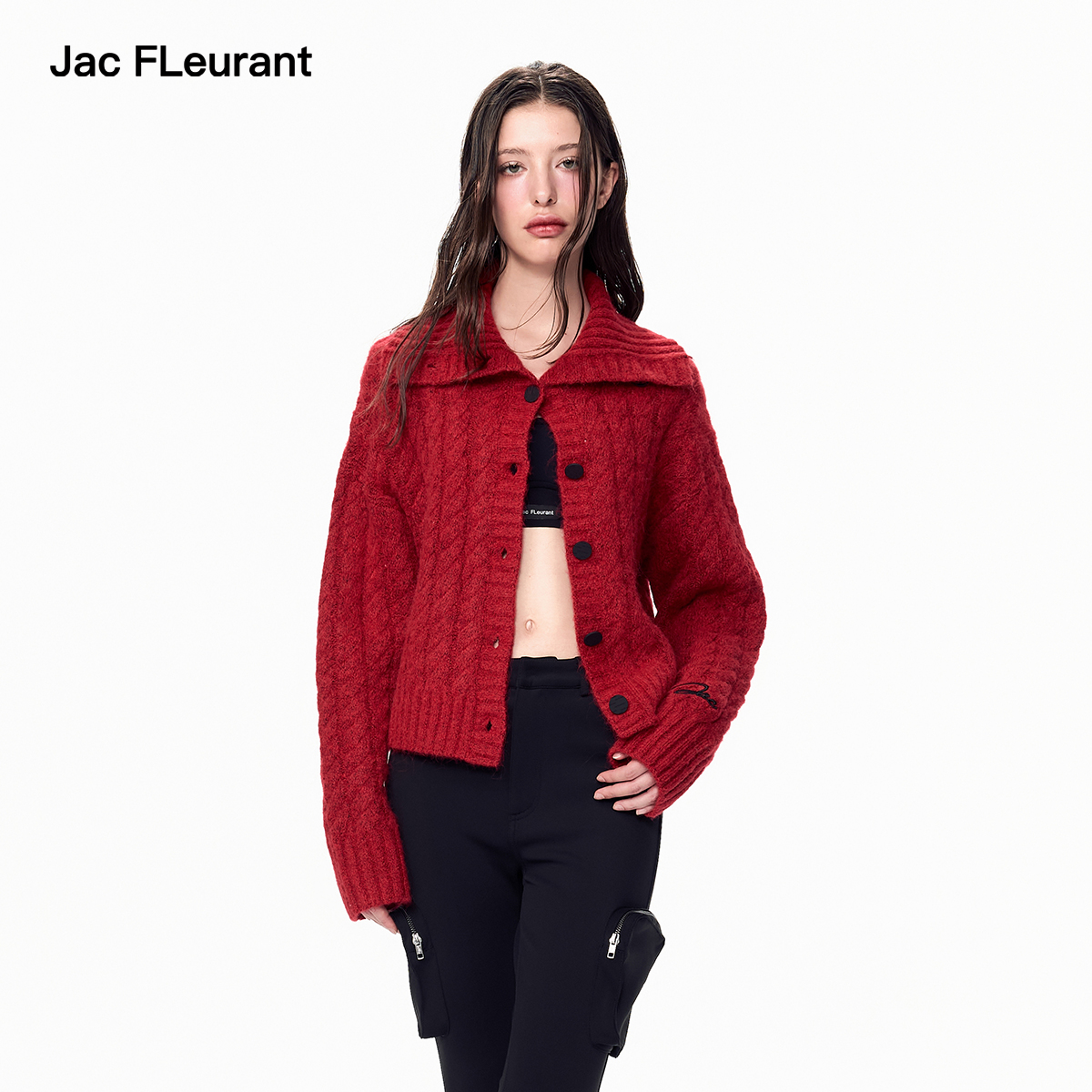 JAC FLEURANT秋冬新品红色大翻领针织毛衣开衫女士百搭显瘦