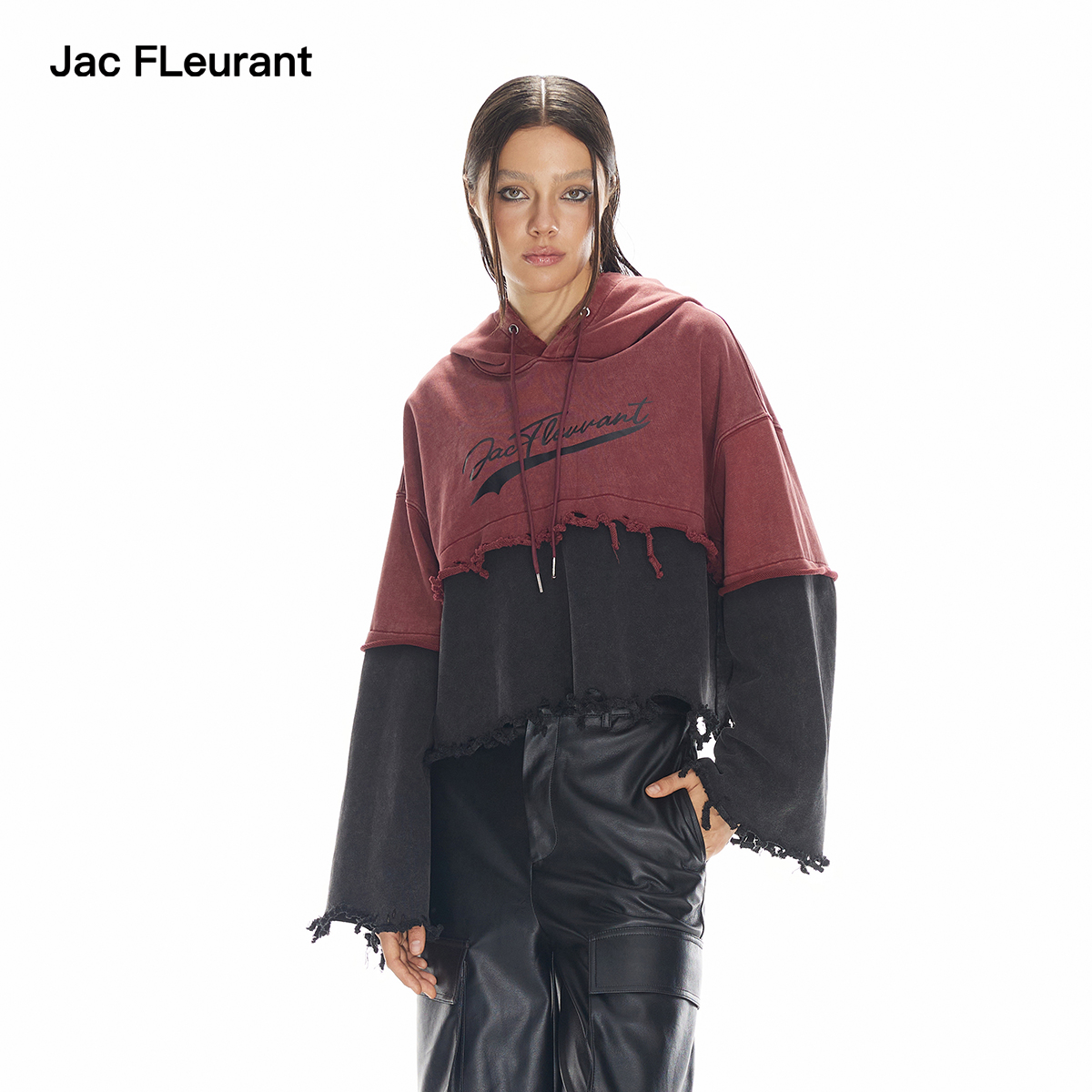 JAC FLEURANT秋冬新款黑红拼接破坏LOGO帽衫休闲百搭