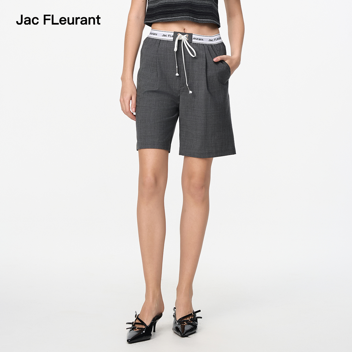 JAC FLEURANT2025夏季新款休闲短裤女松紧织带时尚抽绳灰色五分裤