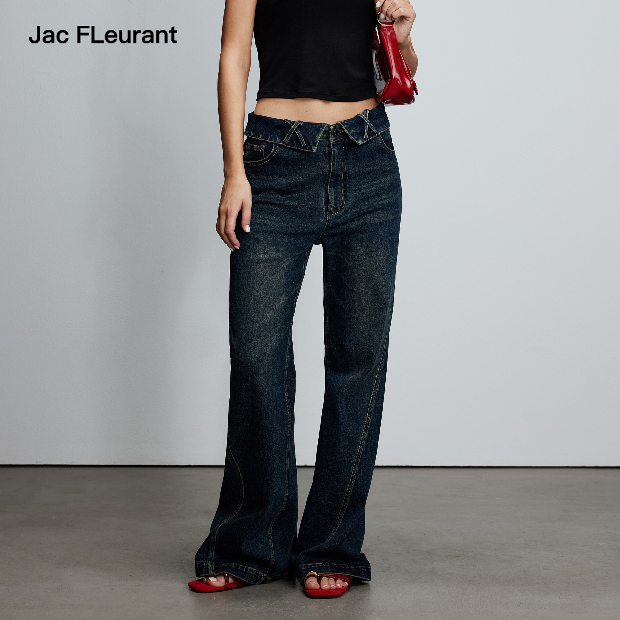 JAC FLEURANT2025秋冬新品翻腰交叉微喇牛仔裤显瘦休闲裤