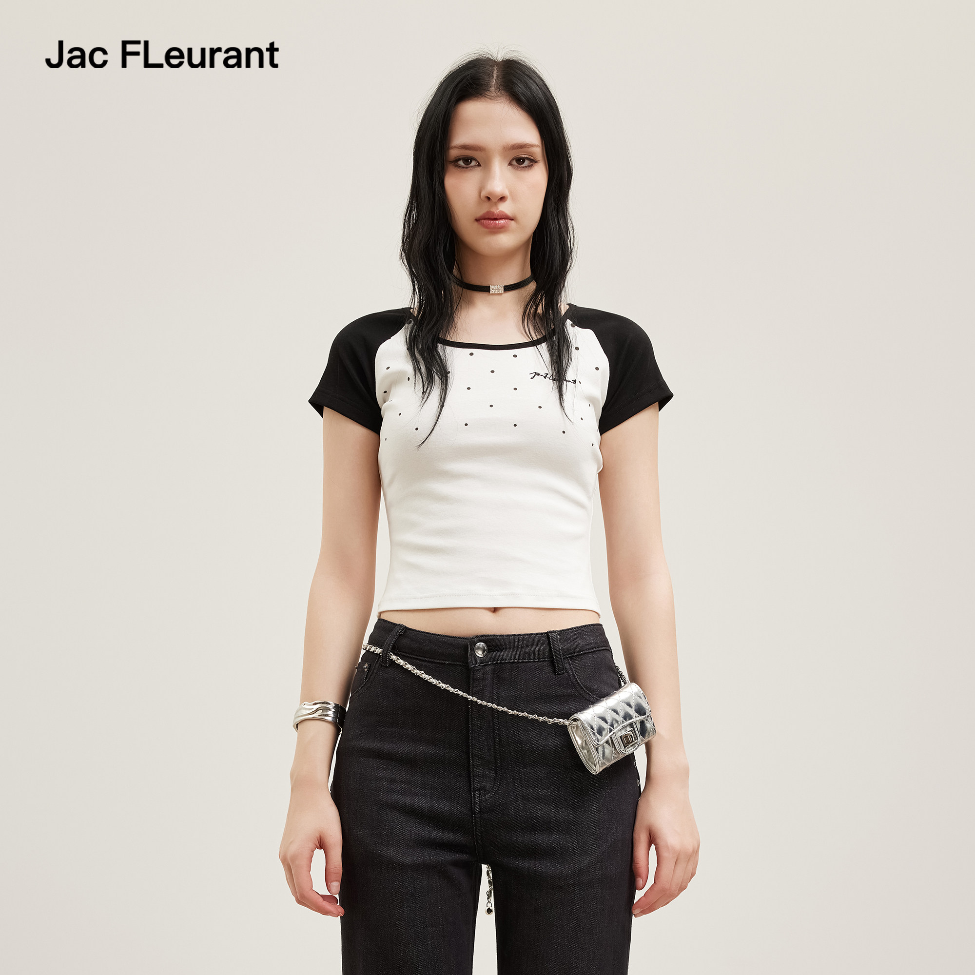 JAC FLEURANT2026夏季新款黑白波点短袖上衣拼色修身圆领短款上衣