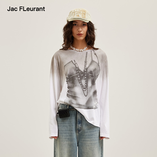 JAC FLEURANT2026春夏新品旧脏洗印花长袖上衣休闲风圆领