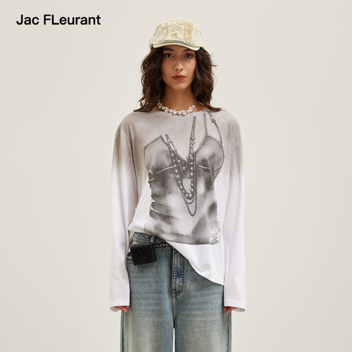 JAC FLEURANT【孙怡陈凯琳同款】做旧脏洗印花长袖T恤女休闲罩衫