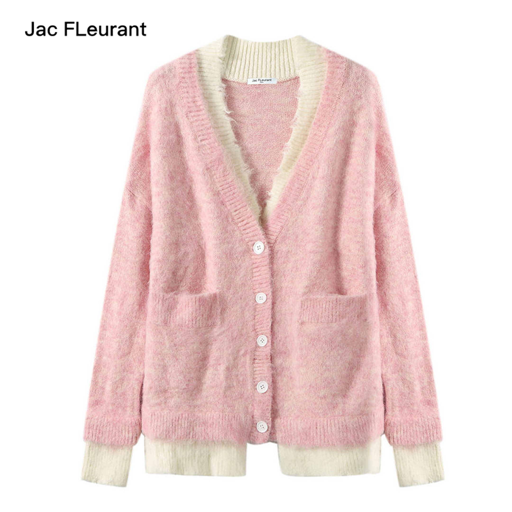 JAC FLEURANT拼色破坏长款开衫女士秋冬假两件外套毛衣