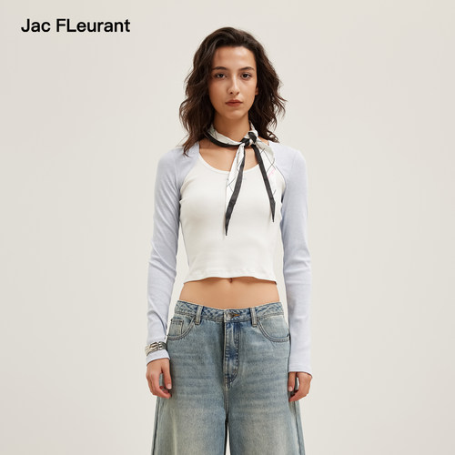 JAC FLEURANT2026春夏新品白蓝拼色假两件刺绣LOGO长袖上衣打底